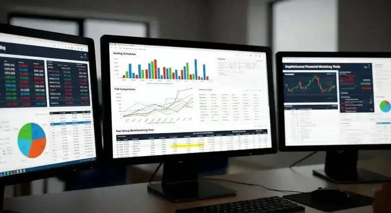 Data Analysis Dashboard - Modern office setting with multiple screens displaying charts and financial data, suggesting sophisticated market analysis and benchmarking