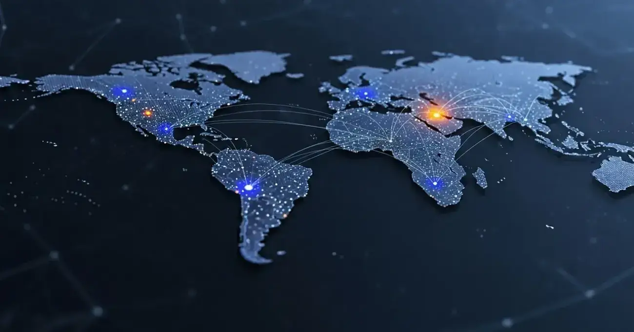 A world map with interconnected nodes showing major trademark filing jurisdictions (US, EU, China, Japan, Brazil) with subtle data visualization overlays indicating filing volumes or enforcement actions