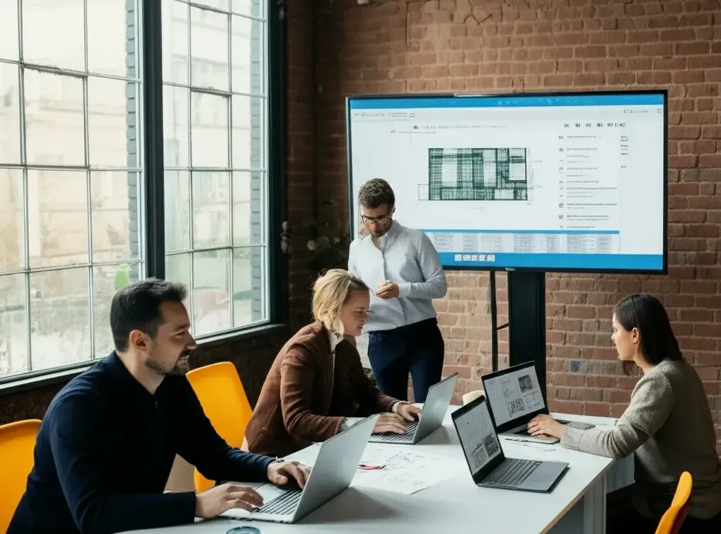 Professional meeting room with glass walls showing 3-4 business professionals reviewing documents around a conference table